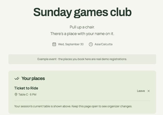 Participant page: Your places, Ticket to Ride at Table C, 6 PM